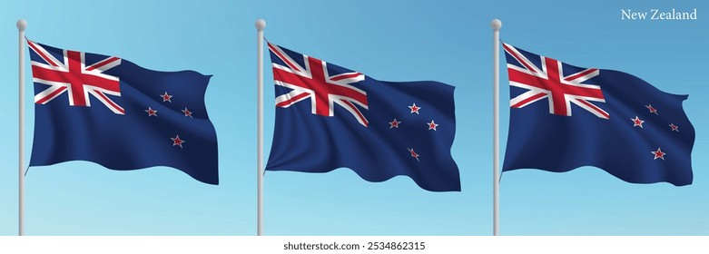 Set of three flags of New Zealand waving on flagpoles with a vibrant blue sky backdrop.