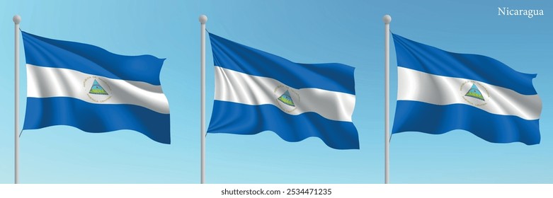 Set of three flags of Nicaragua waving on flagpoles with a vibrant blue sky backdrop.
