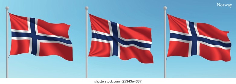 Conjunto de tres banderas de Noruega ondeando sobre asta de bandera con un fondo de cielo azul vibrante.