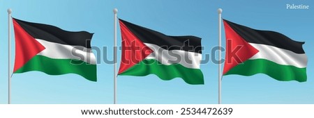 Set of three flags of Palestine waving on flagpoles with a vibrant blue sky backdrop.