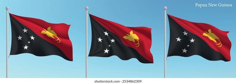 Set of three flags of Papua New Guinea waving on flagpoles with a vibrant blue sky backdrop.