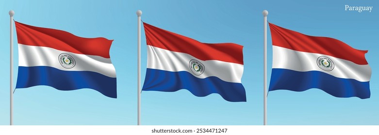 Conjunto de três bandeiras do Paraguai acenando em mastros com um cenário azul vibrante.