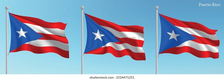 Set of three flags of Puerto Rico waving on flagpoles with a vibrant blue sky backdrop.