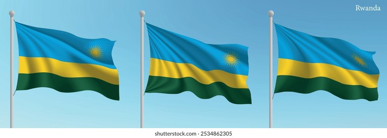 Set of three flags of Rwanda waving on flagpoles with a vibrant blue sky backdrop.