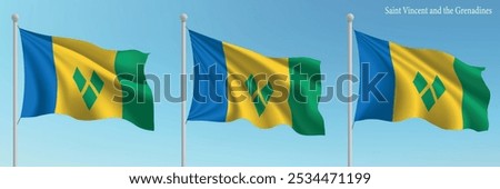 Set of three flags of Saint Vincent and the Grenadines waving on flagpoles with a vibrant blue sky backdrop.