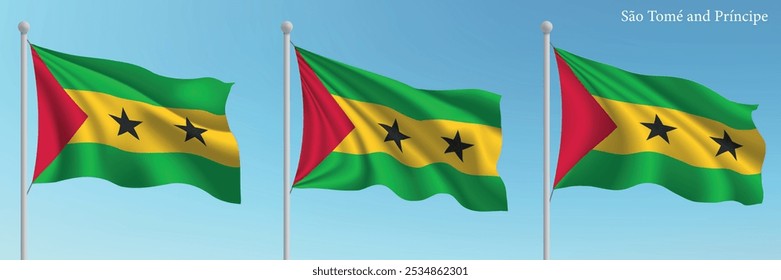 Set of three flags of Sao Tome and Principe waving on flagpoles with a vibrant blue sky backdrop.