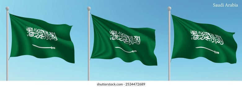 Set of three flags of Saudi Arabia waving on flagpoles with a vibrant blue sky backdrop.