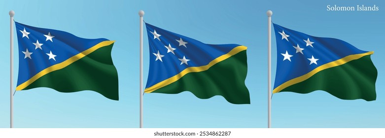 Set of three flags of Solomon Islands waving on flagpoles with a vibrant blue sky backdrop.