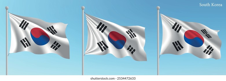 Conjunto de tres banderas de Corea del Sur ondeando en los mástiles con un fondo de cielo azul vibrante.