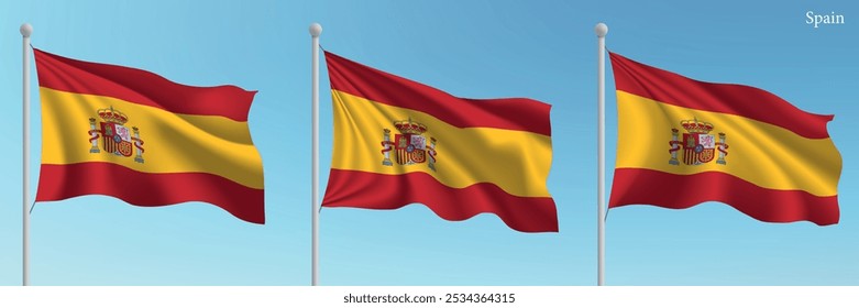 Set of three flags of Spain waving on flagpoles with a vibrant blue sky backdrop.