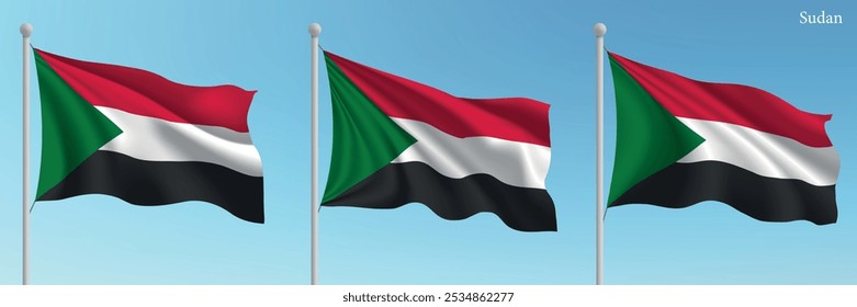 Satz von drei Flaggen des Sudan, die auf Fahnenmasten mit einer lebendigen blauen Himmelskulisse winken.