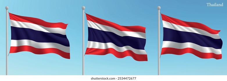 Conjunto de tres banderas de Tailandia ondeando en astas con un fondo de cielo azul vibrante.
