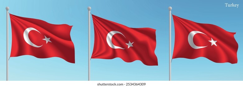 Conjunto de tres banderas de Turquía ondeando en astas con un fondo de cielo azul vibrante.