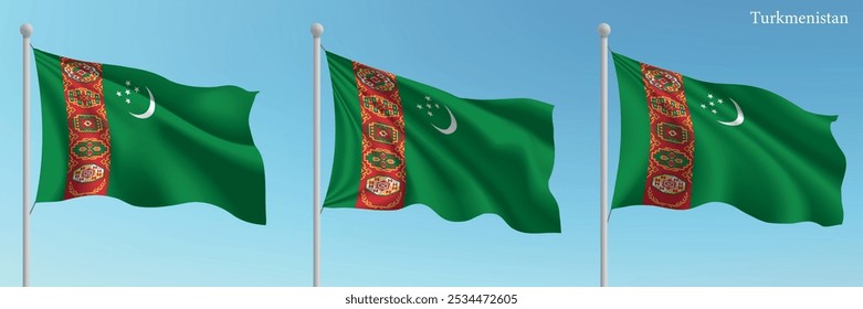 Set of three flags of Turkmenistan waving on flagpoles with a vibrant blue sky backdrop.