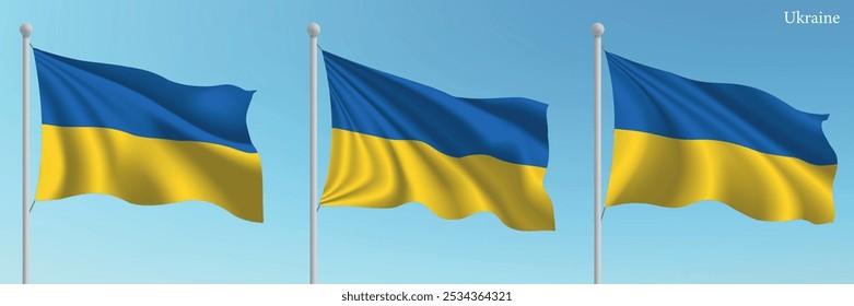 Satz von drei Flaggen der Ukraine, die auf Fahnenmasten mit einer lebendigen blauen Himmelskulisse winken.