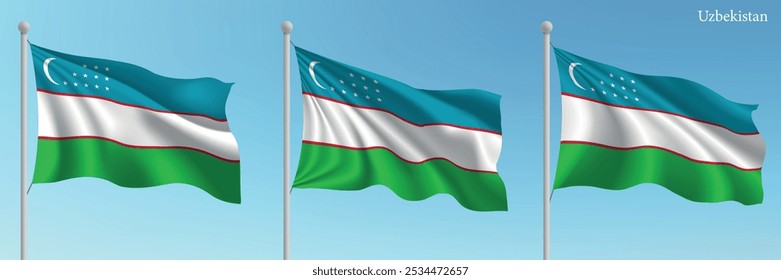 Conjunto de tres banderas de Uzbekistán ondeando en asta de bandera con un fondo azul vibrante del cielo.