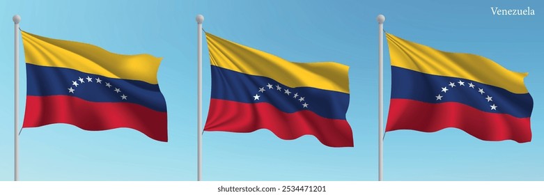 Set of three flags of  waving on flagpoles with a vibrant blue sky backdrop.
