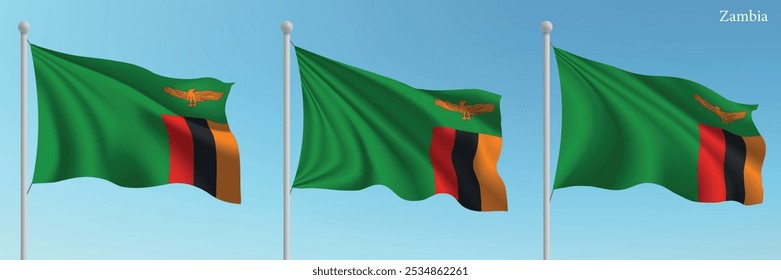 Set of three flags of Zambia waving on flagpoles with a vibrant blue sky backdrop.