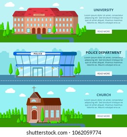 Set of three flat banners with municipal buildings with editable text and read more button vector illustration