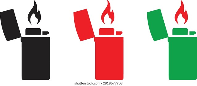 A set of three flat depicting flip-top lighters in black, red, and green, each with an open lid and a stylized flame, on white.