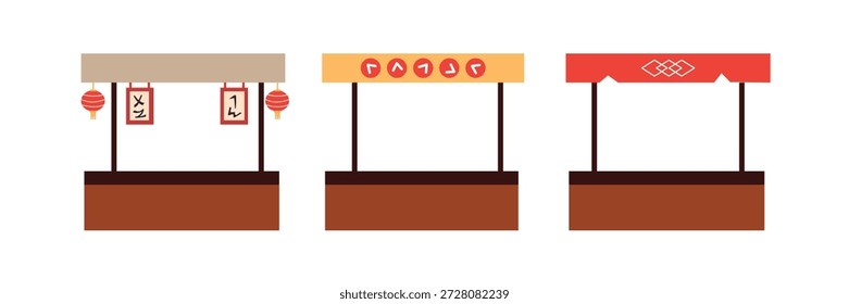 Conjunto de tres puestos de mercado de festival asiático de diseño plano. Puesto de comida coreana. Puesto de comida china. Puesto de comida japonesa. 