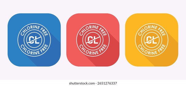 Conjunto de três ícones de design plano com cantos arredondados indicando sem cloro