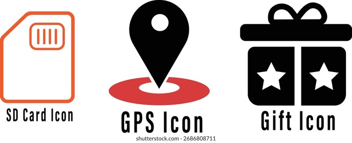 Set of three flat design icons for SD card GPS and gift with labels