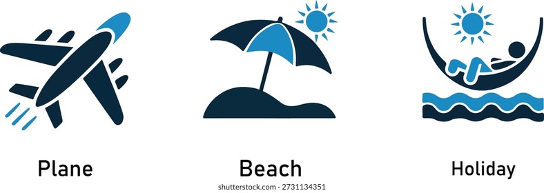 Un conjunto de tres iconos de diseño plano que representan los viajes y el ocio: un avión en vuelo, una sombrilla de playa en la arena con el sol, y una persona que se relaja en una hamaca junto al agua.