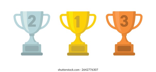 A set of three flat design vector trophies: gold for 1st, silver for 2nd, and bronze for 3rd place. Perfect for awards, competition, or success themes.