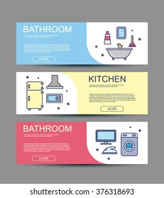 set of three flat designed Illustrations for web banner and printed materials. Flat thin line icon design concept for market banners. Vector illustrations for website, promotional materials. 