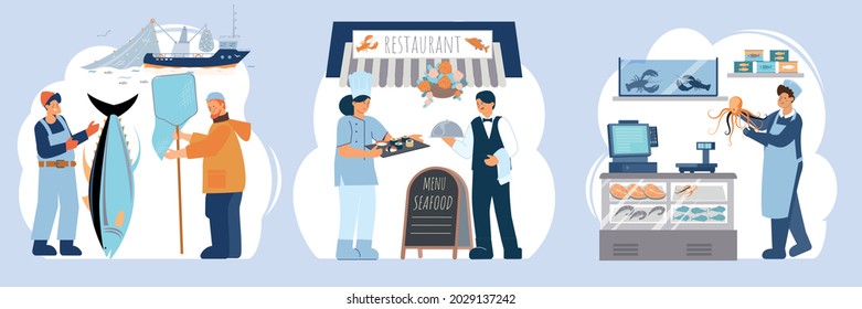 Set of three flat fish compositions with fishermen fishmonger and seafood restaurant staff isolated vector illustration
