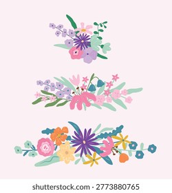 Set of three flat floral bouquets with purple daisy, lily, bluebell, tulip, peony, orange poppy and yellow flowers. Pastel and vivid wildflower vector arrangements for spring summer design