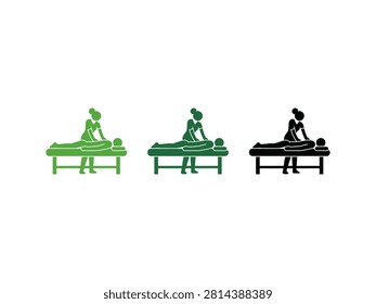 A set of three flat icons depicting a professional massage therapist performing bodywork on a client lying on a treatment table in green and black colors.