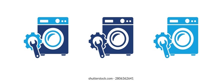A set of three flat icons representing appliance maintenance and washing machine repair services featuring a wrench and gear symbol in different blue shades