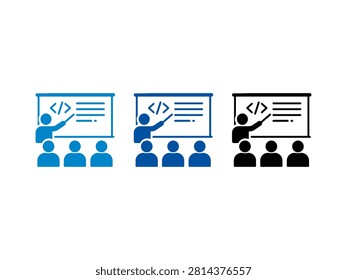 A set of three flat icons representing a coding class or seminar where an instructor teaches programming logic and web development to a group of students