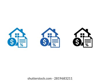 A set of three flat icons representing home financing mortgage rates property taxes and real estate investment with house dollar sign and document symbols