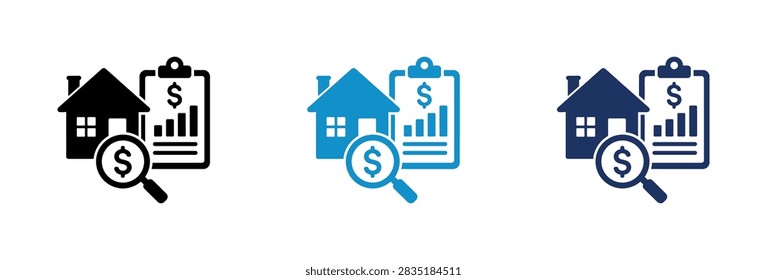 A set of three flat icons representing property valuation real estate investment analysis and housing market statistics with dollar signs and charts