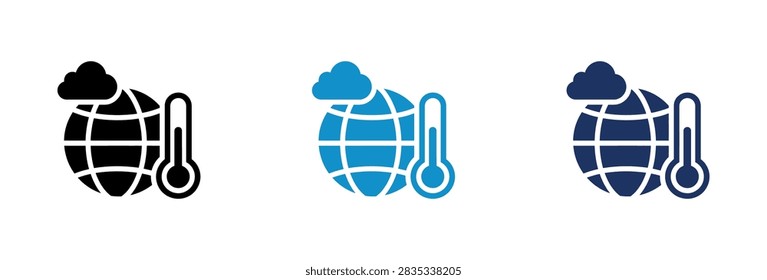 A set of three flat icons representing global warming and climate change featuring a planet earth globe with a thermometer and a cloud in different colors.