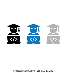 A set of three flat icons representing a student developer wearing a mortarboard while working on a laptop with code brackets on the screen