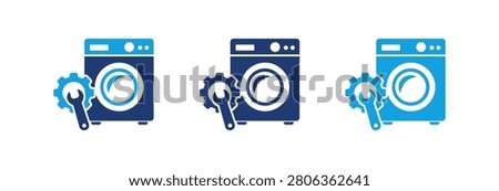 A set of three flat icons representing appliance maintenance and washing machine repair services featuring a wrench and gear symbol in different blue shades