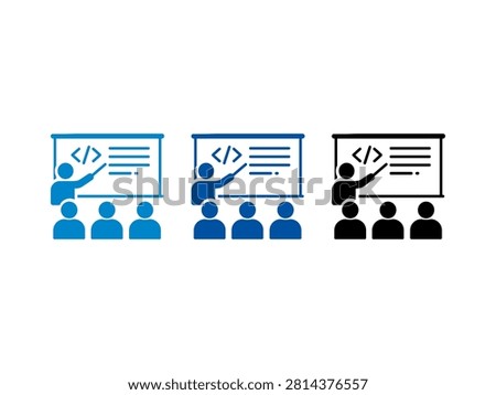 A set of three flat icons representing a coding class or seminar where an instructor teaches programming logic and web development to a group of students
