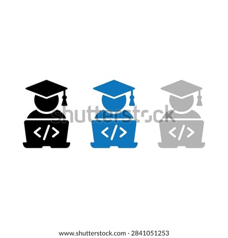 A set of three flat icons representing a student developer wearing a mortarboard while working on a laptop with code brackets on the screen