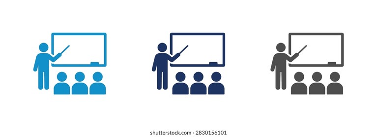 A set of three flat icons showing a teacher pointing at a whiteboard while students sit in front during a lesson or presentation