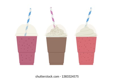 Set of three flat illustrations with healthy diet smoothie and milkshakes, refreshing beverege with chocolate, berries, raspberry, strawberry and whipping cream  and cocktail straw