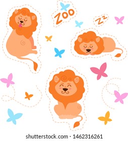 Set of three flat images of lion's life surrounded by butterflies, dotted lines and the words zoo and zz. Sleeping lion, lion washes, happy lion. Set of vector illustrations for children