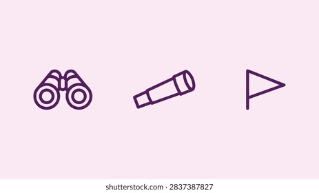 A set of three flat line icons featuring binoculars, a telescope, and a flag on a soft pink background.