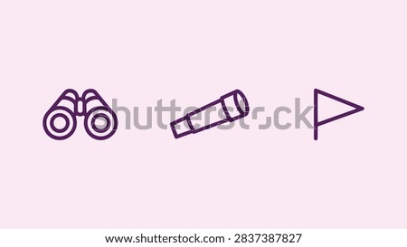 A set of three flat line icons featuring binoculars, a telescope, and a flag on a soft pink background.
