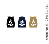 A set of three flat vector icons representing bags of charcoal with a flame and coal symbol for outdoor cooking and BBQ supplies