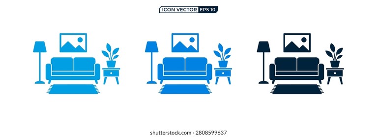 A set of three flat vector icons representing a cozy living room setup featuring a couch floor lamp potted plant and wall art