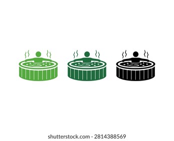 A set of three flat vector icons depicting a person enjoying a hot tub or jacuzzi with bubbles and rising steam in green and black colors